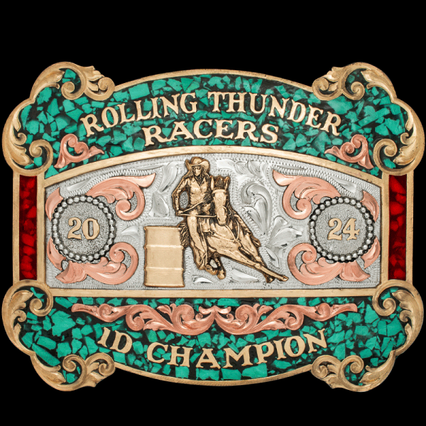 The Eureka Springs Turquoise Buckle is an exceptional custom belt buckle suited for rodeo and barrel racing champions! Customize it now!